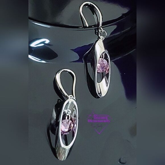 Round Pink Crystal Long Dangle Fishhook Earrings on 925 Silver - Picture 9 of 10